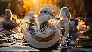 Cute duckling quacking in the pond, surrounded by nature beauty generated by AI