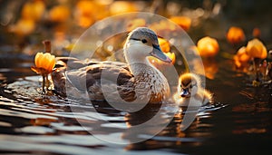 Cute duckling quacking in the pond, surrounded by nature beauty generated by AI