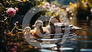 A cute duckling quacking in the pond, surrounded by nature generated by AI