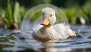 Cute duckling quacking in the pond, surrounded by nature generated by AI