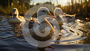 A cute duckling quacking in the pond, surrounded by nature generated by AI