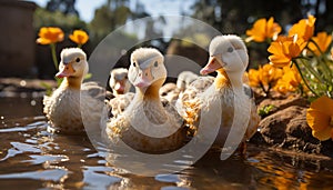 Cute duckling waddling on green meadow near the pond generated by AI