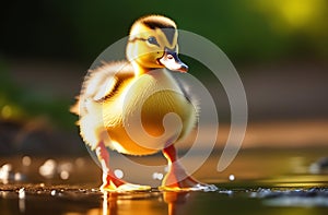 cute duckling walking through the puddles photo