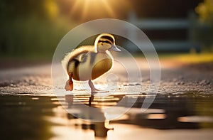 cute duckling walking through the puddles photo