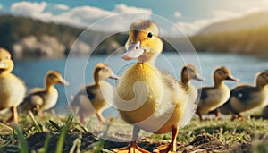 Cute ducklings and ducks at riverside .ai generated