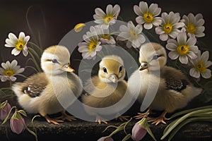 Cute ducklings and flowers illustration