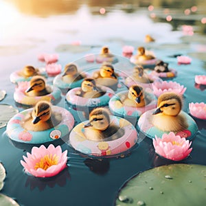 cute ducklings swimming in the lake with a floaty ring