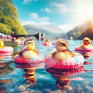 cute ducklings swimming in the lake with a floaty ring generative ai