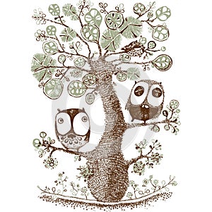 Cute duo owls hang on the tree, Wildlife, Print, Vector