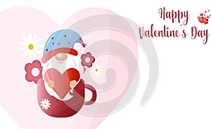 Cute dwarf in love with heart and flowers, nice design for greeting card, invitation, for ValentineÂ´s Day. Vector illustration, photo