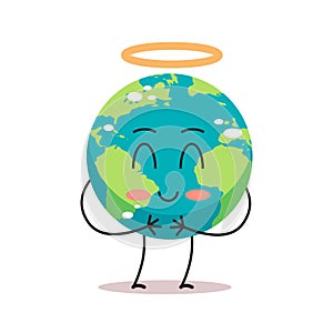 cute earth character angel with nimbus cartoon mascot globe personage showing facial emotion save planet concept