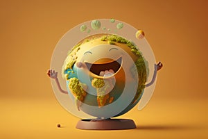Cute Earth character laughting on yellow background, Happy Earth day, World laughter day. Generative ai photo
