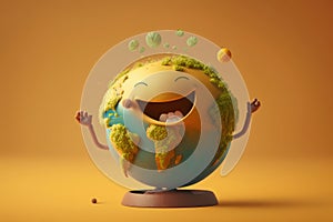 Cute Earth character laughting on yellow background, Happy Earth day, World laughter day. Generative ai