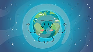 Cute earth character sitting lotus pose cartoon mascot globe personage save planet meditation concept horizontal