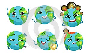 Cute Earth Globe Cartoon Character Collection, Funny Planet in Different Situations and Various Emotions Vector