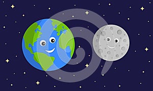 Cute Earth and Moon characters on dark sace starry background. Astronomy for kids. Vector cartoon illustration