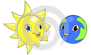 Cute Earth and Sun, planet, satellite and star, Solar system, cartoon characters, vector.