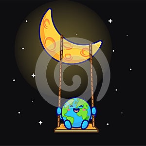 Cute Earth Swing On Moon Cartoon Vector Icon Illustration. Science Nature Icon Concept Isolated Premium Vector