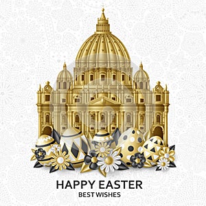 Cute Easter background with eggs, flowers and Saint Peters Basilica