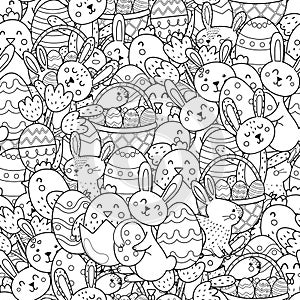 Cute Easter bunnies and chicks black and white seamless pattern