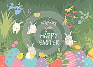 Cute Easter bunnies and easter egg. Happy holidays