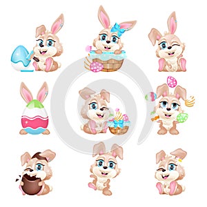 Cute Easter bunnies kawaii cartoon vector characters set