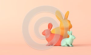 Cute easter bunnny background. Three colourful rabbits. 3D Rendering