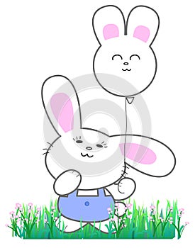 Cute Easter bunny with balloon, vector illustration