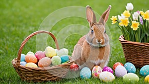 cute Easter bunny and basket with colorful eggs on green grass