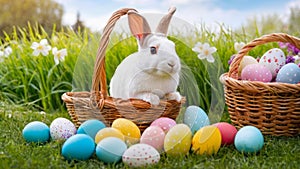 cute Easter bunny in basket and decorated eggs on spring green grass with flowers