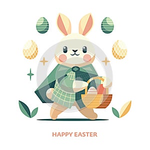 Cute Easter bunny basket and easter eggs. Happy Easter card design