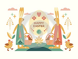 Cute Easter bunny basket and easter eggs. Happy Easter card design