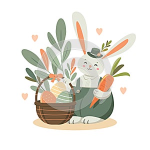 Cute Easter bunny with basket and easter eggs. Happy Easter card design