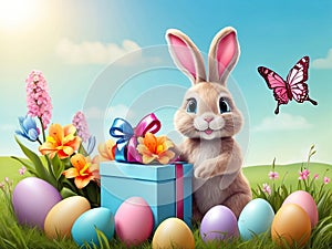 A cute Easter bunny with a basket of eggs and spring flowers is an illustration of a children\'s character