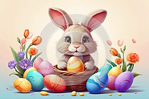 A cute Easter bunny with a basket of eggs and spring flowers is an illustration of a children\'s character,