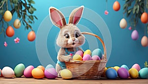 A cute Easter bunny with a basket of eggs and spring flowers is an illustration of a children\'s character,