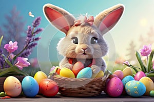 A cute Easter bunny with a basket of eggs and spring flowers is an illustration of a children\'s character,