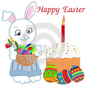 Cute Easter Bunny with basket with flowers and painted eggs