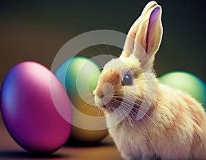 Cute Easter bunny with colorful eggs. AI-generated image.