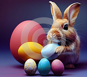 Cute Easter bunny with colorful eggs. AI-generated image.