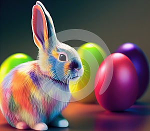 Cute Easter bunny with colorful eggs. AI-generated image.