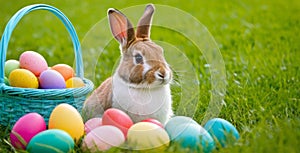 cute Easter bunny and colorful eggs in basket on green grass
