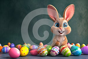 Cute Easter bunny with colorful holiday eggs