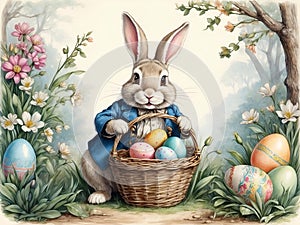 cute easter bunny with costume holding dyed eggs wicker basket in spring nature landscape vintage retro style illustration