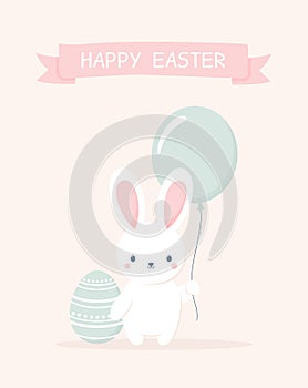 Cute Easter bunny with Easter egg and balloon. Easter greeting card. Vector illustration