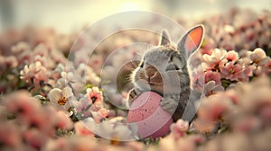 Cute Easter bunny with Easter egg on a flower meadow