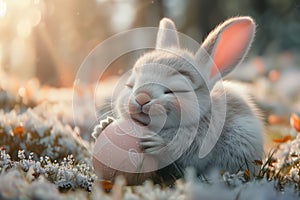 Cute Easter bunny with Easter egg on a flower meadow