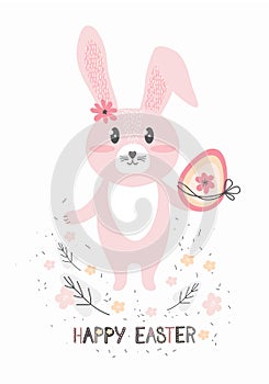 Cute Easter Bunny with an Easter egg. Greeting card or banner in Scandinavian hand drawn style. Funny little cartoon rabbit. Happy