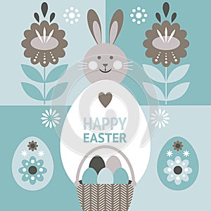 Cute Easter bunny and easter egg. Happy Easter card design