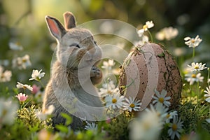 Cute Easter bunny with Easter egg on a meadow
